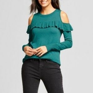 A New Day Jade Green Cold Shoulder Sweater/Top